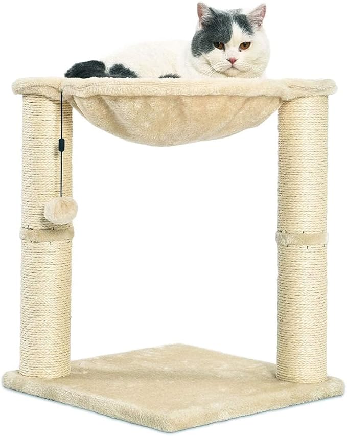 Amazon Basics Cat Condo Tower with Hammock Bed and Scratching Post,Easy to Assemble,Plush Hammock,Interactive Hanging Ball,Durable Sisal Scratch Posts for Indoor Cats, 15.8 x 15.8 x 19.7 Inches, Beige