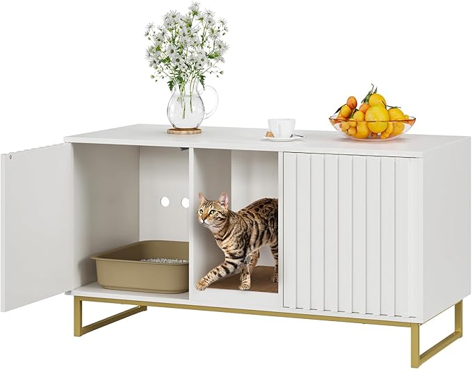 Cat Litter Box Enclosure for 2 Cats, 47.6’’ Litter Box Furniture Hidden with Scratch Pad, Double Room Large Cat Cabinet, Indoor Pet House TV Stand Side Table,Cats Washroom, White