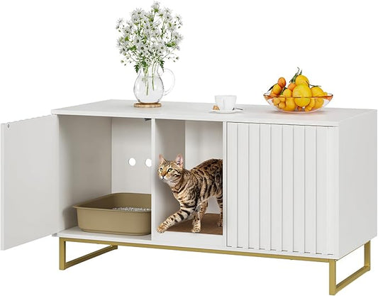 Cat Litter Box Enclosure for 2 Cats, 47.6’’ Litter Box Furniture Hidden with Scratch Pad, Double Room Large Cat Cabinet, Indoor Pet House TV Stand Side Table,Cats Washroom, White