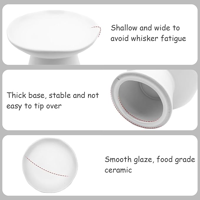 VCEPJH Raised Cat Food Bowls Shallow Cat Plate Pack of 2 Ceramic Elevated Cats Dish 6.1in Flat Anti Whisker Fatigue Wide Pet Food & Water Feeder for Indoor Kitty Kitten (White)