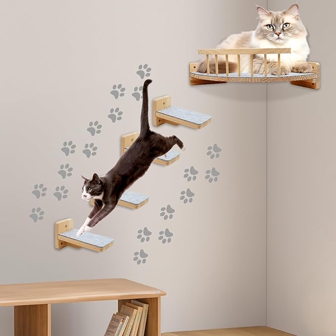Cat Wall Shelves with 4 Step Scratch Post & Hammock Bed Wooden Floating Climbing Furniture for Sleeping and Playing Indoor Cat Climbing Shelf Corner Shelf Perches Support 20 LBS