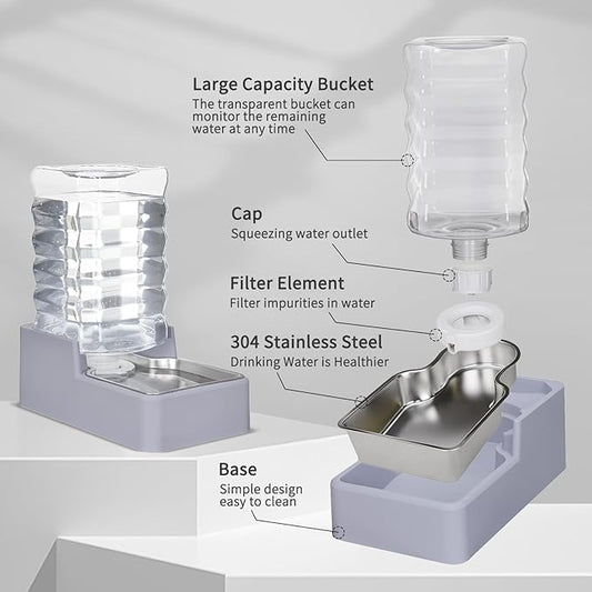 Automatic Water Dispenser Large: Upgraded 100% BPA-Free 8L Light Gray Stainless Steel Bowl Gravity Waterer for Medium/Large Pets