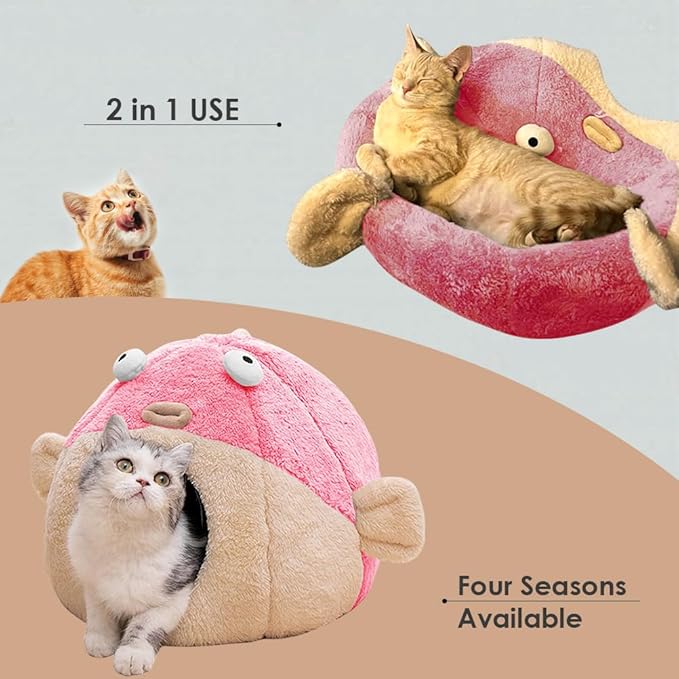 Cat Beds for Indoor Cats - Cat Bed Cave with Removable Washable Cushioned Pillow, Soft Plush Premium Cotton No Deformation Pet Bed, Lively Pufferfish Cat House Design, Pink, Multiple Sizes(M)