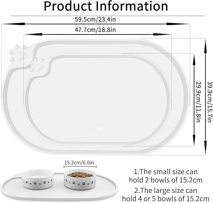 KPWACD Pet Placemat for Dog and Cat, Waterproof Silicone Dogs Feeding Bowl Mat Prevent Food and Water Overflow, High-Lips Puppy Dish Mats Suitable for Small Medium Big Pets, White, 19" * 12"