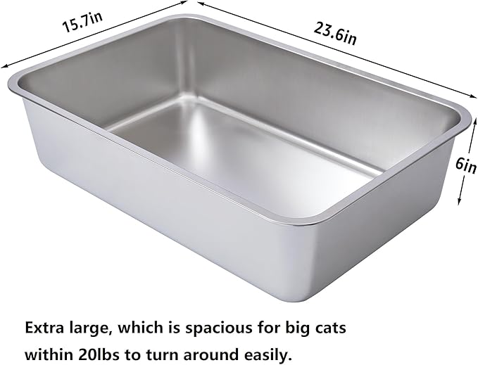 XL Stainless Steel Litter Box 2 Pack, 23.6"x15.8"x6"(Height) Extra Large Stainless Steel cat Litterbox High Sides, Non Stick No Smell Easy Clean Metal Litter Boxes for Big/Fat Cats