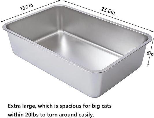 XL Stainless Steel Litter Box 2 Pack, 23.6"x15.8"x6"(Height) Extra Large Stainless Steel cat Litterbox High Sides, Non Stick No Smell Easy Clean Metal Litter Boxes for Big/Fat Cats