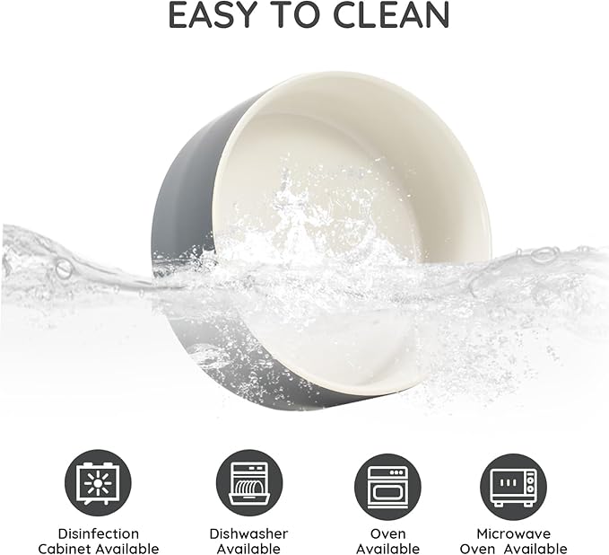 SPUNKYJUNKY 28.7OZ Ceramic Dog and Cat Bowl, Modern Cute Weighted Food Water Bowl for Replacement White-Grey (2 Pack)