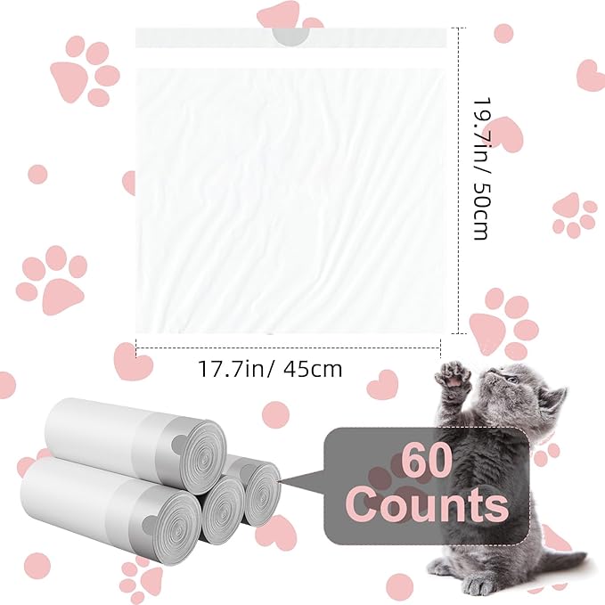 Extra Large Cat Litter Box Liners, Cat Litter Waste Receptacles Bags for Cleanpethome Self Cleaning Litter Box Pet Poop Bags with Drawstring 60 Count
