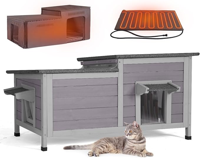 Aivituvin Heated Cat House for Outdoor Wooden Cat Condo Weatherproof Insulated Feral Cat Shelter Outside for Winter