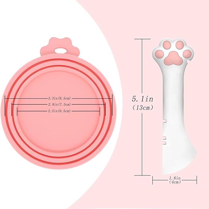 Food Can Spoon & Lids, One Multi-Functional Opener Spatula, 4 PCS BPA Free Silicone Universal Can Covers, Cute Paw Shape Spoon for Cat Dog Wet Food (Pink)