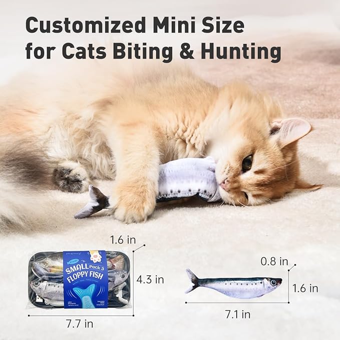 Bite-Sized Realistic Flopping Fish Cat Toys, 3 Pack, Interactive Cat Toys for All Breeds, Tap-Activated 3 Flapping Mode, Sardine/Saury/Yellow Croaker, 7.1 Inches, with Catnip, Rechargeable