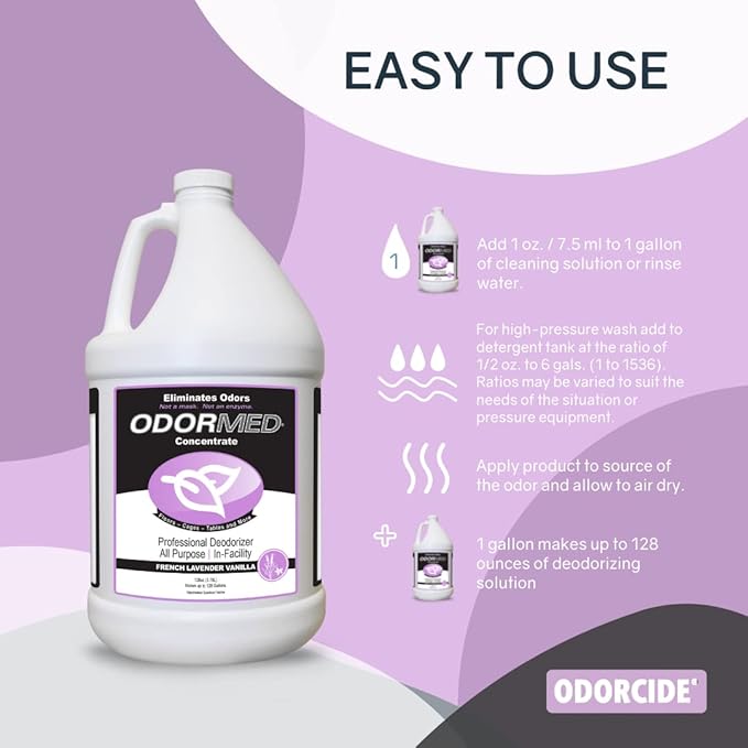 ODORMED Odor Eliminator Concentrate – Pet Odor Eliminator for Strong Odor on Floors, Walls, Cages & More – All-Purpose Carpet Deodorizer w/Safe, Non-Enzymatic Formula (1 Gal, French Lavender Vanilla)