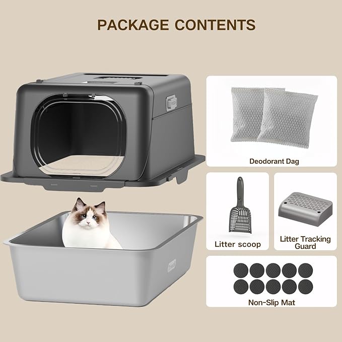 XX-Large Stainless Steel Cat Litter Box with Lid – Fully Enclosed Large Litter Box for Big Cats, Odor Control with Magnetic Door, Easy Clean, Multi-Cat Durable Metal Pan.(Grey)
