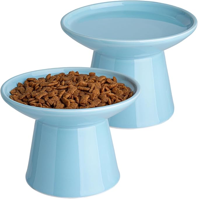 6.2 Inch Extra Wide Elevated Ceramic Cat Bowls, Food and Water Bowl Set for Elder Big Cats Small Dogs, Raised Design for Pet Easy Eating, Protect Cat's Spine Set of 2(Blue)