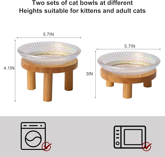 Cat Bowls Whisker Friendly with Wooden Stands. Raised Elevated Glass Whisker Fatigue Cat Bowl for Indoor Cats. 2PCS (Rainbow Colors)