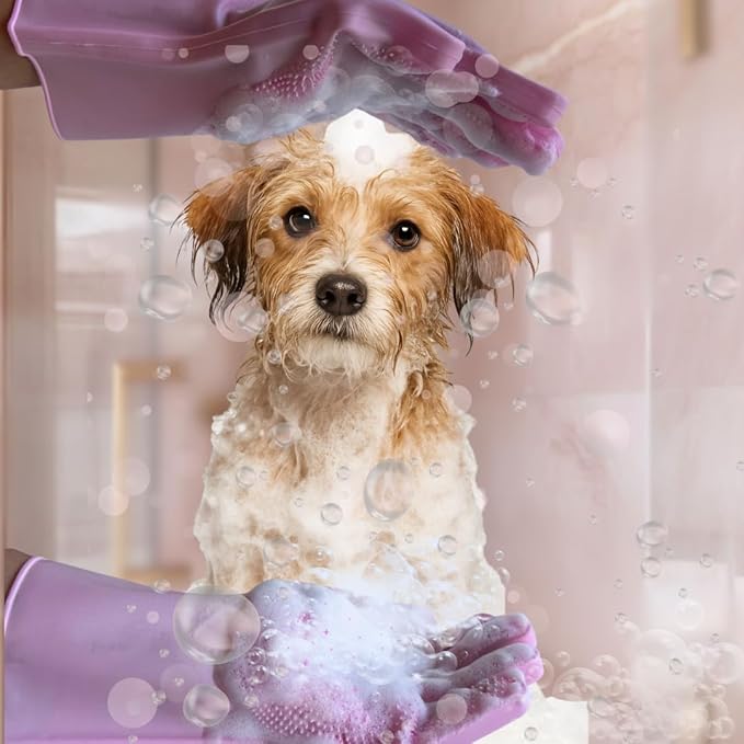 Grooming Gloves for Cats & Dogs - Pet Hair Removal Glove, Silicone Brush for Dog or Cat Washing, Puppy Bath Supplies for Shedding Cleaning Bathing & Massage, Fur Remover Mitt, Shower Shampoo Scrub