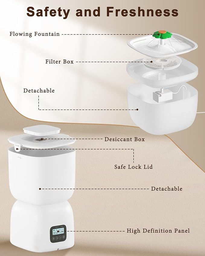 Automatic Pet Feeder and Water Dispenser, LCD Screen Timer for Cats & Dogs, Locking Lid, 1-4 Meal Portions, Dual Power, Voice Recorder