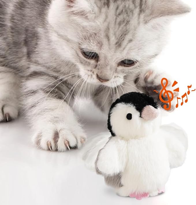 Interactive Cat Toy Rechargeable Automatic Chirping Penguin Bird Cat Toy Infused with Catnip in The Wings, Auto Beating Wings Kitten Toy for Indoor Cats to Play Alone, Never Boredom