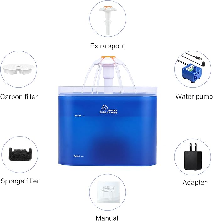 Cat Water Fountain, 67oz/2L Automatic Cat Drinking Fountain, Pet Water Dispenser with LED Light and Filter for Cats and Small Dogs (Blue)