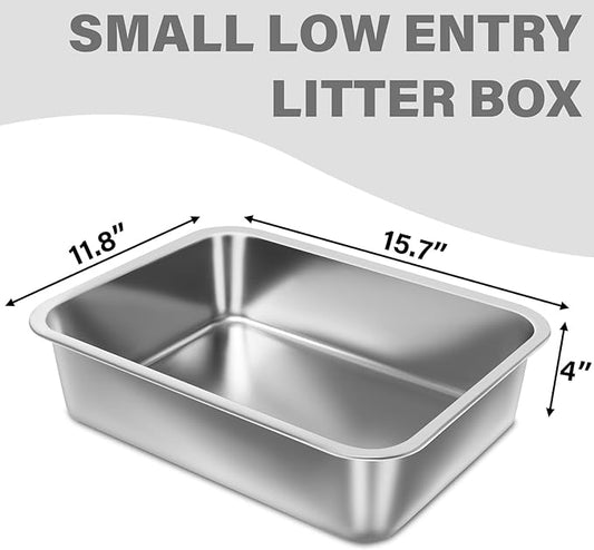 Small Stainless Steel Litter Box 2 Pack,15.7"x11.8"x4" Small Litter Box for Kittens, Easy Clean Non Stick Easy Entry No Smell Metal Litterbox for Kitty/Rabbits