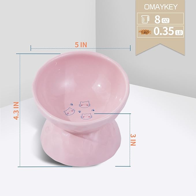 OMAYKEY Ceramic Raised Cat Bowls, Tilted Elevated Cat Food and Water Bowls, Pet Bowl Dish for Cats and Small Dogs, Pink, Set of 2
