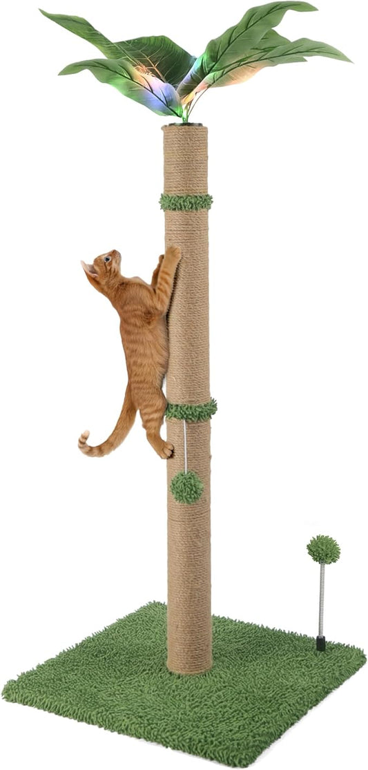 34" LED Cat Scratching Post, Attracts Cats with LED Light, Cat Furniture, Stable Base, Hanging Toy Balls for Large Cats and Kittens, 4 LED Light Settings, Green