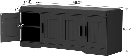 2-Tier Storage Bench, Shoe Bench with Thickened Padded Seat Cushion, Entryway Bench with 4 Doors, Adjustable Shelf, 13.8" D x 45.3" W x 18.5" H, for Entryway, Living Room, Bedroom, Black