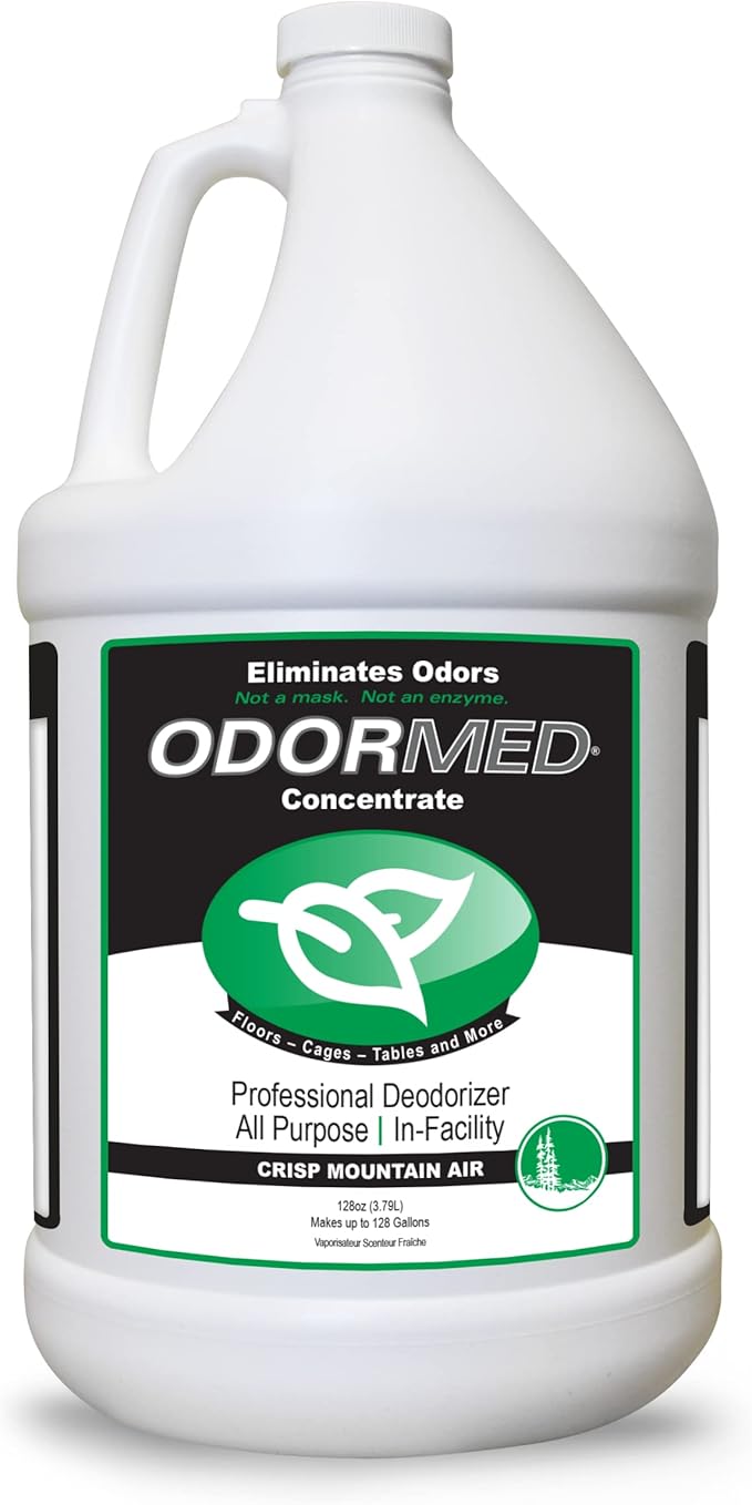 ODORMED Odor Eliminator Concentrate – Pet Odor Eliminator for Strong Odor on Floors, Walls, Cages & More – All-Purpose Carpet Deodorizer w/Safe, Non-Enzymatic Formula (1 Gal, Crisp Mountain Air)