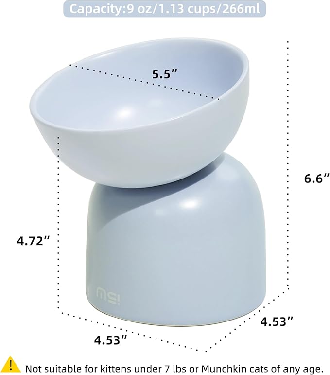 MS!MAKE SURE Cat Bowls, Ceramic Elevated Tilted Cat Bowls, Food and Water Bowls, Whisker Stress Free, 15°Tilted Backflow Prevention, Lead & Cadmium Free, 5.5" Wide, 270ML (9 oz), Blue