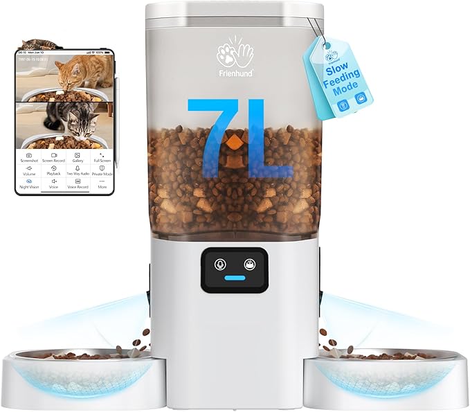 Automatic Cat Feeder with 2 Camera for 2 Cats: 5G WiFi Automatic Dog Feeder with Night Vision & Slow Feed, 7L Auto Cat Food Dispenser for Multiple Pet, Detachable for Easy Cleaning - 29 Cup