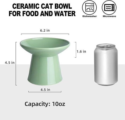 6.2 Inch Extra Wide Elevated Ceramic Cat Bowls, Food and Water Bowl Set for Elder Big Cats Small Dogs, Raised Design for Pet Easy Eating, Protect Cat's Spine Set of 4(Green)