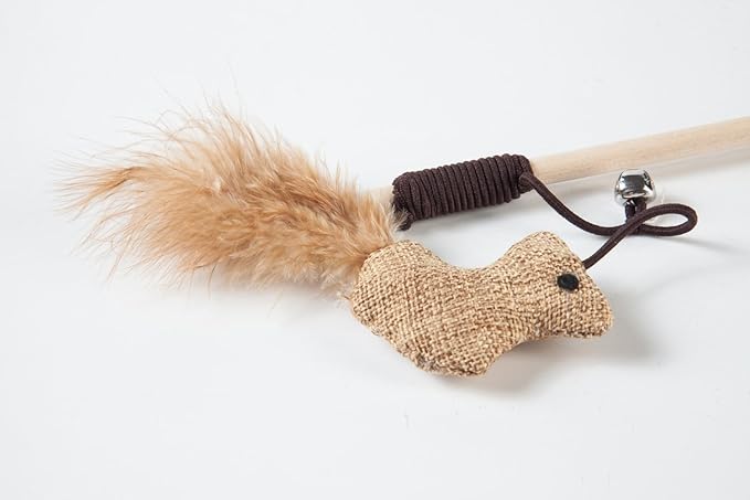 Cat Teaser Cat Kitten Toys Set Natural Sisal Wand Teasers with Mouse, Bell, Feather, Elastic String, and Sturdy Wood Rod
