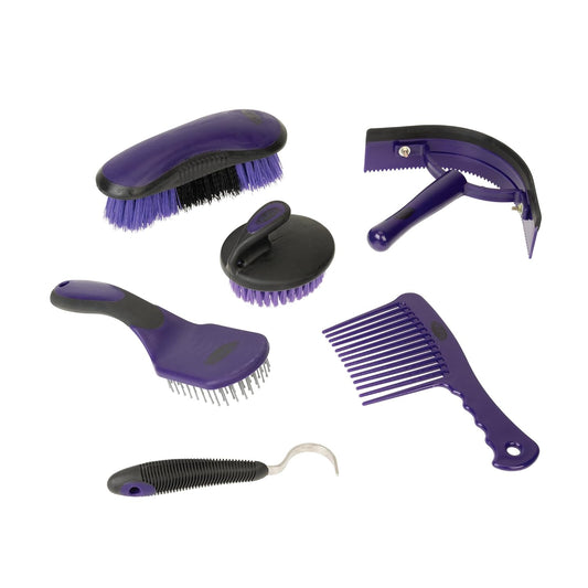 Weaver Equine 6-Piece Horse Grooming Kit, Ergonomic Gentle Horse Care Kit, Equestrian Supplies for Bathing Support, Detangling, and More, Purple/Black
