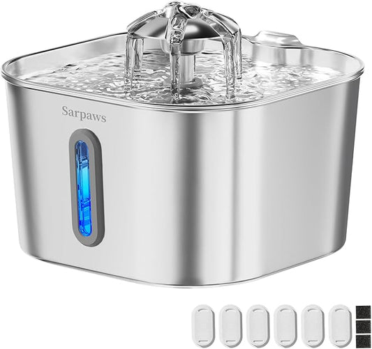 Cat Water Fountain Stainless Steel：74oz/2.2L Water Fountains for Cats Indoor, Cat Fountains for Drinking, Ultra-Quiet, Water Level Window, Pet Water Fountain - 6 Filters + 3 Sponges