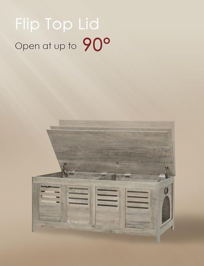 DINZI LVJ Litter Box Enclosure Furniture for 2 Cats, Top Opening Hidden Litter Box with Double Rooms, Dual Cat House with Good Ventilation, 47.2" Wooden Washroom, Cabinet, Gray Wash