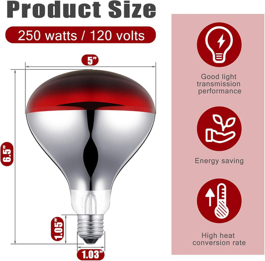 VIHOSE 1 Pack 250 Watt Heat Lamp 120v R40 Heat Lamp Bulbs Glass Incandescent Light Bulbs Incandescent Heating Lightbulbs for Reptiles Chicks Food Puppies Bathroom, Use E26 Base (Red)