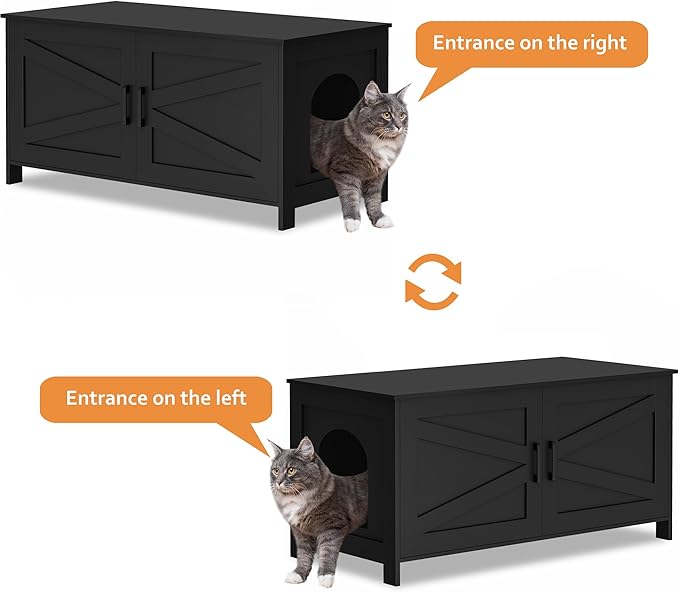 Homhedy 39.4" L Cat Litter Box Enclosure, Pet House with Barn Door, Wooden Cat Washroom Furniture,Fit Most of Litter Box, Black