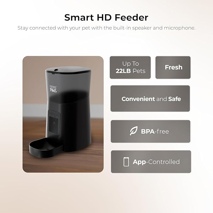 Smart HD Cat Feeder, 2 Way Audio + Voice Recording, Automatic Feeder for Dog with 1080p Night Vision Camera, WiFi App Controlled, Battery Backup, Anti Jam 6L Upto 15 Daily Meals, Black