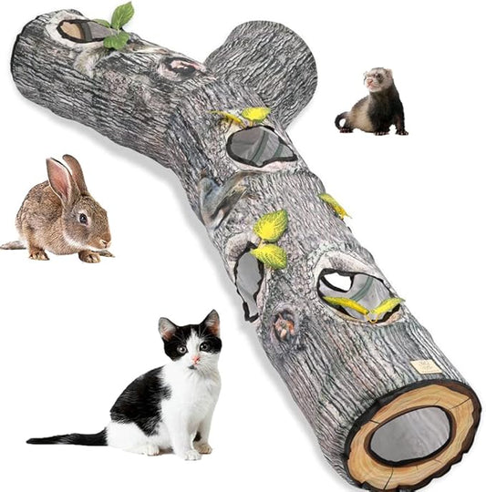 Cat Tunnels for Indoor Cats - Interactive Tree Trunk Cat Activity Play Tunnels with Peek Holes, Collapsible Pet Tube Puzzle Hunt Chase Training Center Toys for Kitten, Ferret, Small Animals