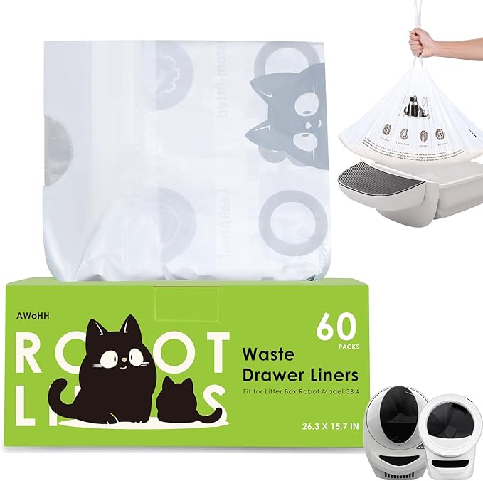 Cat Litter Box Robot 4 and 3 Waste Bags, 60 Pack Automatic Litter Box Bags, Thick Heavy Duty Cat Litter Box Liner Bags 26.3 X15.7 IN