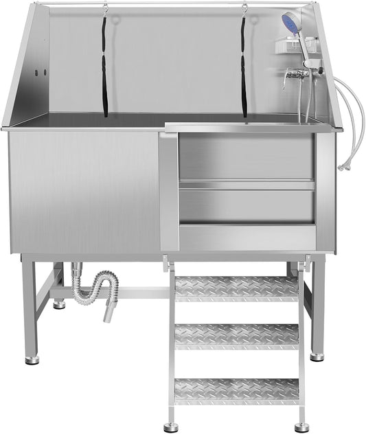 50" Pet Dog Bathing Station W/Stairs, Professional Stainless Steel Dog Grooming Tub W/Soap Box, Faucet,Rich Accessory, Dog Bathtub for Large,Medium,Small Pets, Washing Sink for Home (50" Right ramp)