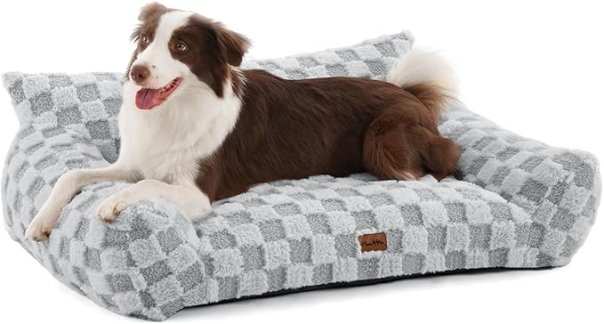 MADE 4 PETS Dog Couch Bed, Soft Faux Fur Checkered Pet Sofa, Comfortable Fluffy Dog Sofa with Supportive Foam, Removable Washable Cover with Non-Slip Base, Gray, Large