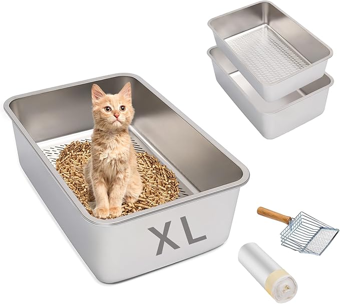 Stainless Steel Sifting Cat Litter Box, XL High-Sided, Anti-Leakage, Easy Clean, 23.6" L x 15.9" W x 8" H，Includes Scoop & Liner, Ideal for Big Cats & Pine Pellets