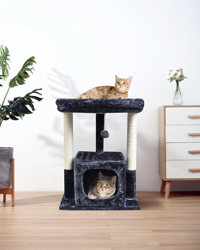 SYANDLVY Cat Tree for Indoor Cats Large Adult, Modern Activity Tower with Scratching Posts, Condo with Plush Perch, Climbing Stand with Spring Ball for Play, Smoky