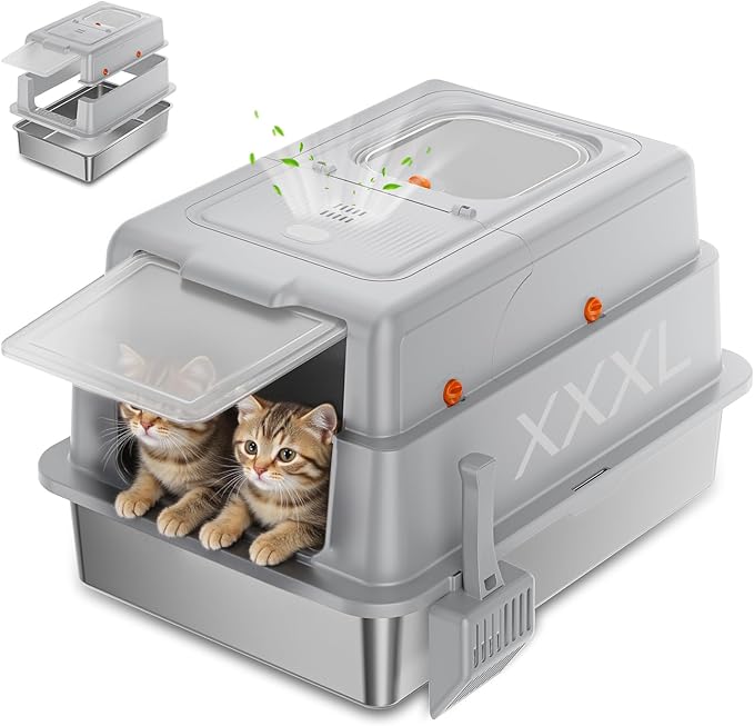 Stainless Steel Litter Box with Lid, 28" XXXL Large Cat Litter Box Enclosure for Multiple Cats, Odor Control with Carbon Filters, Anti-Leak High Sided, Includes Removable Lid & Scoop Light Gray