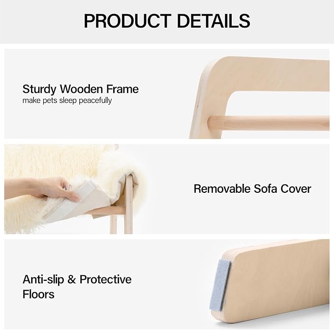 MEWOOFUN Cat Couch Bed, Pet Sofa for Indoor Cats Wooden Indoor Elevated Cat Beds with Removable Mattress Cover Suitable for Kitty, Puppy or Small Animal (Beige, Large)
