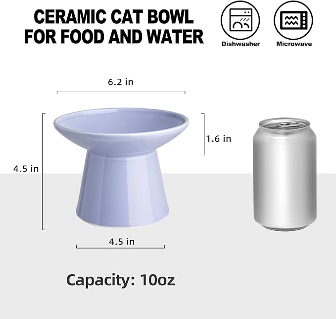 6.2 Inch Extra Wide Elevated Ceramic Cat Bowls, Food and Water Bowl Set for Elder Big Cats Small Dogs, Raised Design for Pet Easy Eating, Protect Cat's Spine Set of 2(Light Purple)