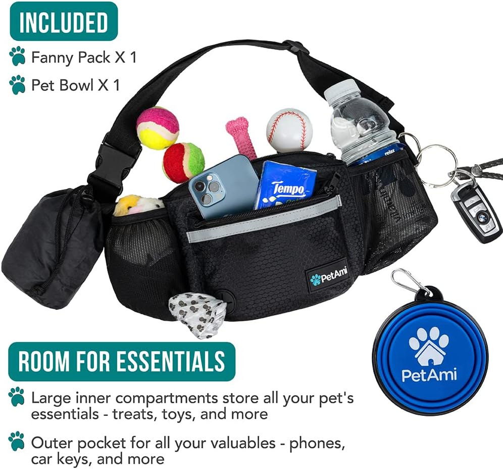 PetAmi Dog Fanny Pack, Treat Pouch for Dog Walking, Training, Built in Poop Bag Dispenser, Water Bottle Holder, Collapsible Bowl, Pet Treat Waist Belt for Hiking, Running, Kibbles (Black)
