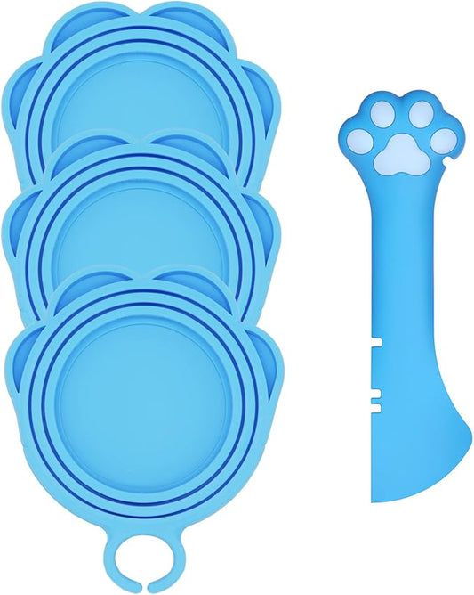 Cat Food Can Spoon & 3 Pcs Can Lids | Cute Paw Shape Can Covers & Cat Can Opener for Wet Food | Universal BPA Free Silicone for Cats and Dogs Food(Blue)