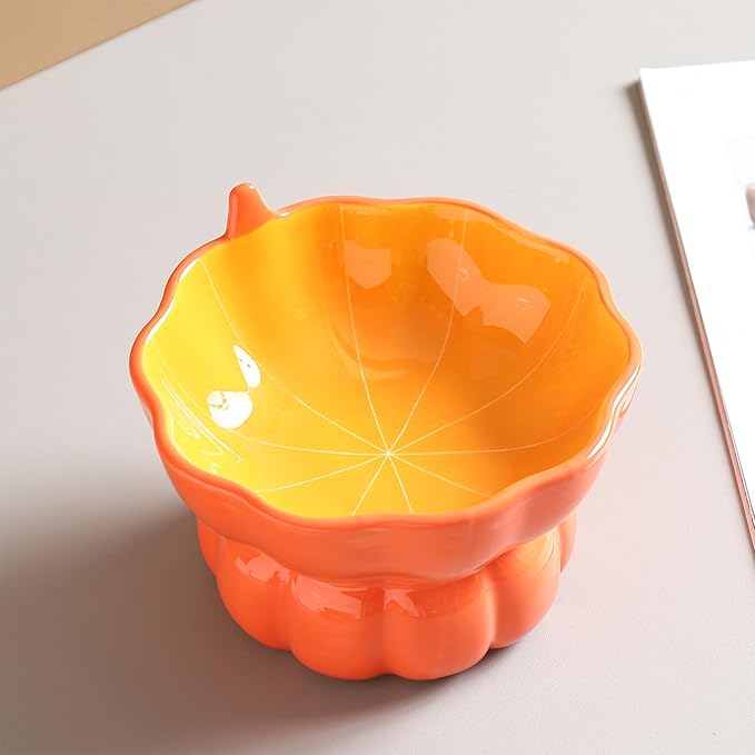 Cute Pumpkin Shaped Bowl, Ceramic Raised Cat Bowl for Food or Water, Anti Vomiting & Whisker Friendly, 9 oz Small Elevated Cat Dish for Indoor Flat Faced Cats and Kitten